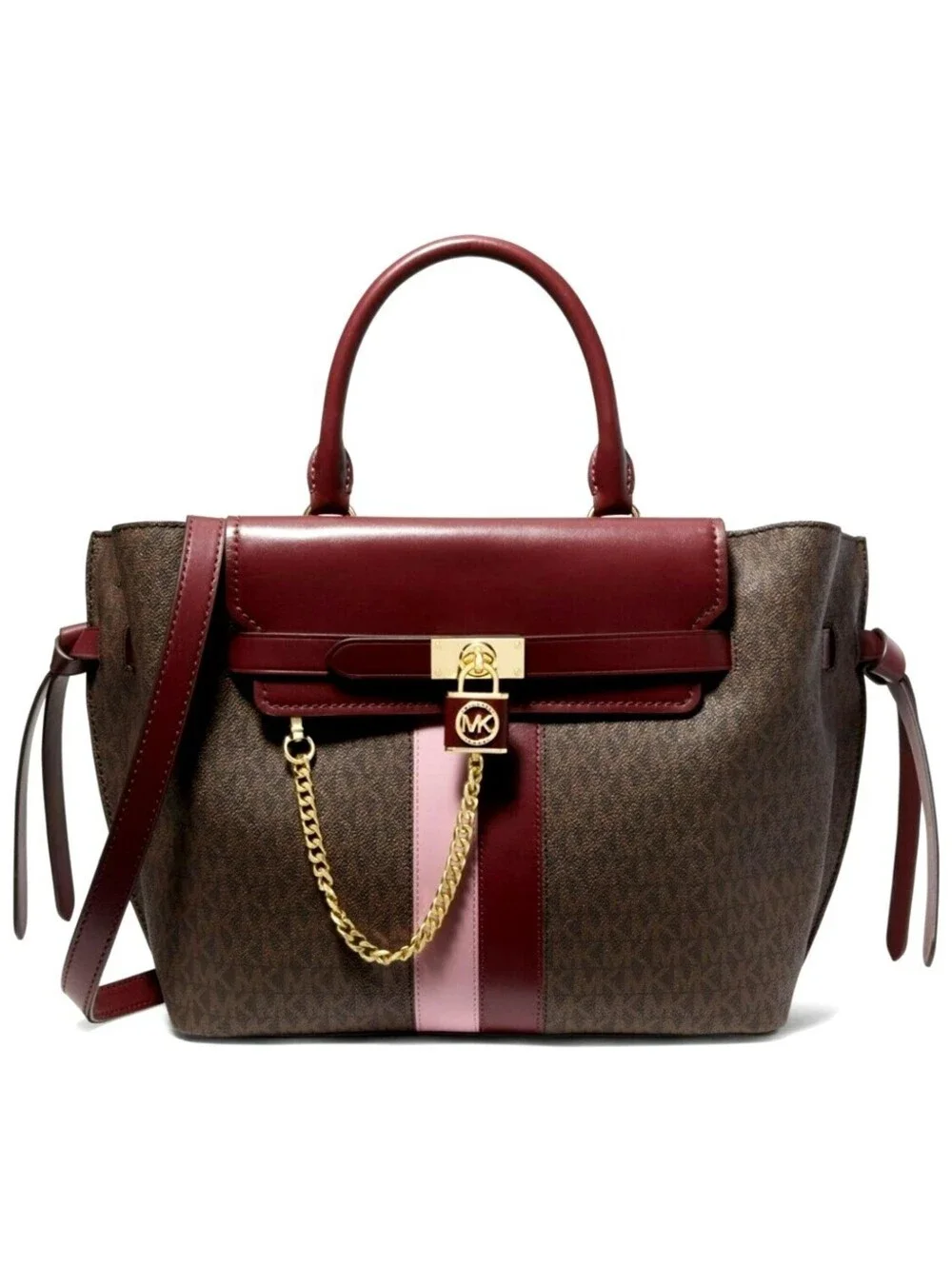 MICHAEL KORS HAMILTON LEGACY BROWN MERLOT LOGO BELTED CHAIN LARGE SATCHEL NWT